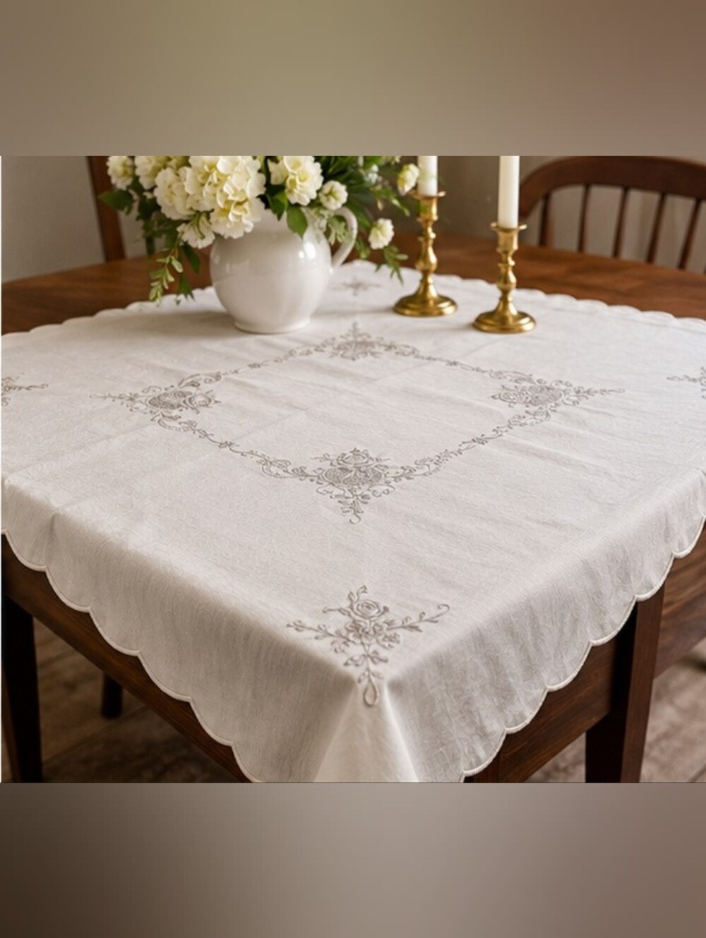 Vintage Embroidered Square Tablecloth – 34" x 34"